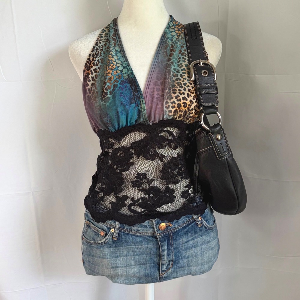 Babydoll Club Y2K Animal Print Floral Lace Halter Top Blue Brown Black V-Neck